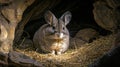 Cute Chinchilla Sitting in a Burrow with Straw and Stones Royalty Free Stock Photo