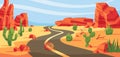 Desert road. Death valley, western hot summer highway with cactuses and tumbleweeds vector landscape background Royalty Free Stock Photo