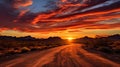 A desert road with a fiery, red orange sunset Royalty Free Stock Photo