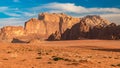 Desert rocks and mountains at sunrise, Wadi Rum desert, Jordan, MIddle East Royalty Free Stock Photo