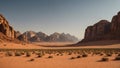 A desert with rocky mountains with Wadi Rum in the background