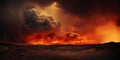 Desert sand dunes on huge fire. Dark smoke above. Dramatic disaster landscape. Generative AI