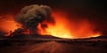 Desert sand dunes on huge fire. Dark smoke above. Dramatic disaster landscape. Generative AI