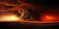 Desert sand dunes on huge fire. Dark smoke above. Dramatic disaster landscape. Generative AI
