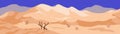 Desert, sand dunes and sky background. Dry nature landscape, empty sandy hills, drought scenery, panoramic view. Dry