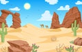 Desert sand landscape, cactus and tumbleweed view. Cartoon western canyon rocks landscape flat vector background set. Sand desert