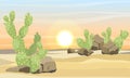 Desert with sand, stones and large green cacti Opuntia