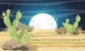 Desert with sand, stones and large green cacti Opuntia at night.