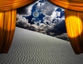 Desert Sands seen through opening in curtains