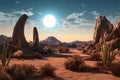desert scene with cactus and moon halo