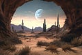 desert scene with cactus and moon halo