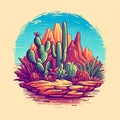 A desert scene with a cactus and mountains in the background. Royalty Free Stock Photo