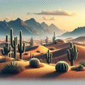 Desert scene with cactus plants and sand dunes on a transparnt Royalty Free Stock Photo