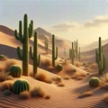 Desert scene with cactus plants and sand dunes on a transparnt Royalty Free Stock Photo