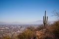 a desert scene with cactus trees, mountains, and blue sky Royalty Free Stock Photo