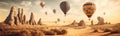 A desert scene with a hot air balloon , concept of Dry landscape, created with Generative AI technology Royalty Free Stock Photo