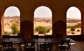 Desert scene seen through arched windows, Djanet, Algeria, Africa Royalty Free Stock Photo