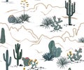 Desert seamless pattern with mountains, blooming cacti, opuntia, and saguaro. Vector background. Royalty Free Stock Photo