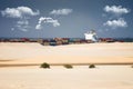 desert ship -freightship traverses the Suez Canal in the direction of the Red Sea
