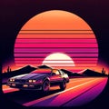 Desert Silhouette: Retro Car on Sunset Expedition Royalty Free Stock Photo