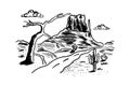 Desert sketch american rocks, landscape of cactuses and roads.Vector drawn illustration