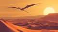 The desert sky is filled with the soaring Pterodactylus its wingspan casting a shadow over the seemingly endless sand