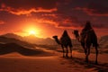 Desert sunrise illuminates a line of camels crossing sandy dunes