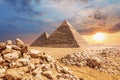Desert sunset, beautiful view of the Pyramids of Giza Royalty Free Stock Photo