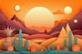 Desert sunset with cactus trees and mountains. Paper art style. Generative AI