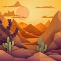 Desert sunset with cactus trees and mountains. Paper art style. Generative AI