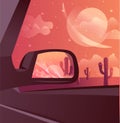 Desert sunset landscape with cactuses under twilight seen throgh de rear view mirror of the car