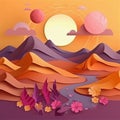 Desert sunset landscape with mountains. Paper art style. Generative AI