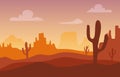 Desert sunset silhouette landscape. Arizona or Mexico western cartoon background with wild cactus, canyon mountain