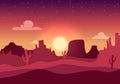 Desert sunset silhouette landscape. Arizona or Mexico western cartoon background with wild cactus, canyon mountain