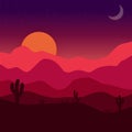 Desert sunset. Vector mexican landscape illustration with cactuses, dunes, rocks, sun and moon Royalty Free Stock Photo