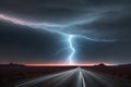 Desert Thunder: Capturing the Power of Lightning on a Lone Road in the Arid Landscape. Royalty Free Stock Photo