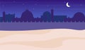 Desert town silhouette night scenery flat color vector background