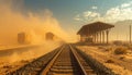 Desert Train Station Engulfed in a Dramatic Sandstorm Royalty Free Stock Photo