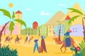 Desert travel with camel, tourist people at egypt sand summer landscape vector illustration. Sun tourism at nature