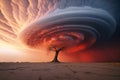 Desert tree and cloud. Wind and hurricane