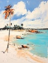 Desert Tropical Beach With Palm Tree, A Painting Of A Beach With Palm Trees And Blue Water Royalty Free Stock Photo