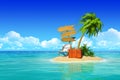 Tropical island with chaise lounge, suitcase, wooden signpost, p