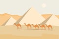 Desert view with pyramids and camels
