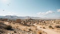 Desert Village Landscape with Mosque, Winding Roads, and Distant Mountains Royalty Free Stock Photo