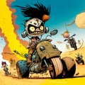 Desert wars and car battles in a hand-drawn style. Mad max, fury road, art