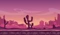 Desert wild cartoon landscape in sunset with cactus, hills and mountains. Game seamless vector background Royalty Free Stock Photo