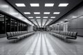 A deserted airport terminal, lacking human presence, featuring orderly rows of chairs Royalty Free Stock Photo