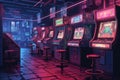 A deserted arcade, neon lights flickering and casting an eerie glow on the abandoned machines. Generative AI