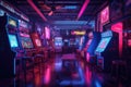 A deserted arcade, neon lights flickering and casting an eerie glow on the abandoned machines. Generative AI