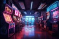 A deserted arcade, neon lights flickering and casting an eerie glow on the abandoned machines. Generative AI